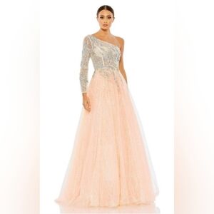 NWT Size 18 Mac Duggal Champagne One Shoulder Embellished Ballgown